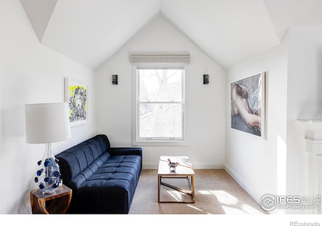 living room with carpet floors and lofted ceiling