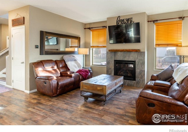 living room featuring dark hardwood / wood-style flooring and a tiled fireplace