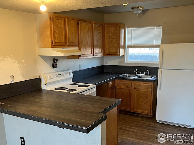 kitchen featuring dark hardwood / wood-style flooring, sink, white appliances, and a textured ceiling