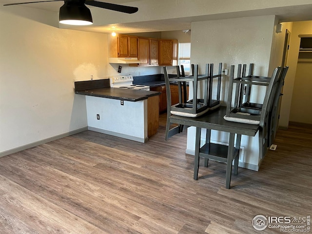 kitchen with white electric range, kitchen peninsula, ceiling fan, and hardwood / wood-style flooring