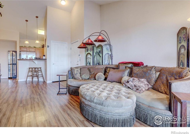 living room featuring light hardwood / wood-style flooring and a high ceiling