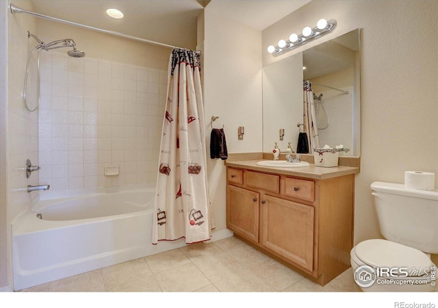 full bathroom with vanity, shower / tub combo, tile patterned flooring, and toilet