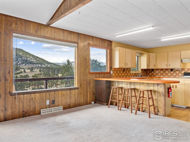 kitchen featuring exhaust hood, light colored carpet, a mountain view, and a kitchen bar