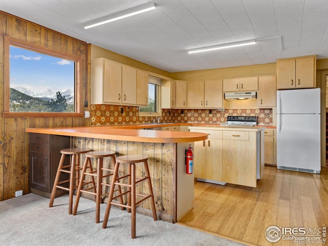 kitchen with a kitchen bar, light brown cabinetry, white fridge, stainless steel range with electric stovetop, and kitchen peninsula