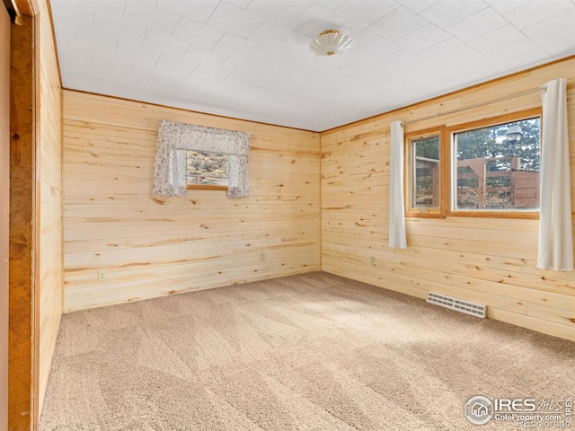 carpeted spare room with wood walls