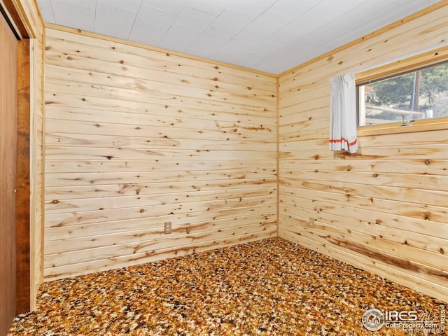 unfurnished room featuring wood walls