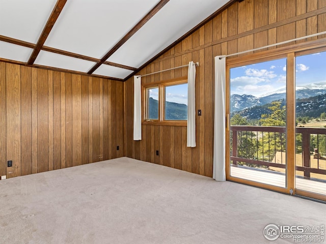 spare room featuring a mountain view, a healthy amount of sunlight, carpet flooring, and lofted ceiling