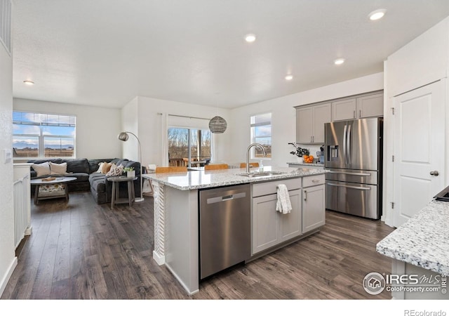 kitchen with sink, stainless steel appliances, gray cabinetry, and an island with sink