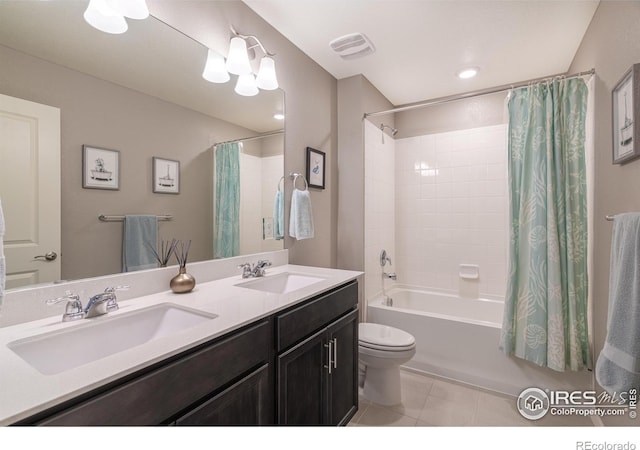 full bathroom with vanity, toilet, shower / tub combo, and tile patterned flooring