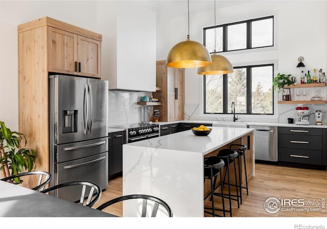 kitchen with pendant lighting, sink, appliances with stainless steel finishes, a kitchen island, and decorative backsplash