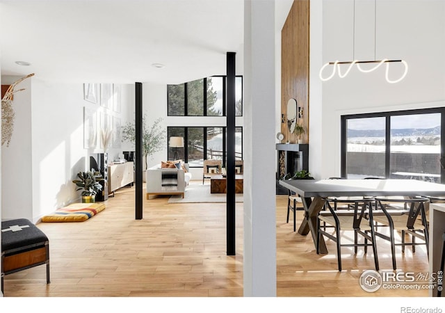 dining space with hardwood / wood-style floors, a high ceiling, and a wealth of natural light