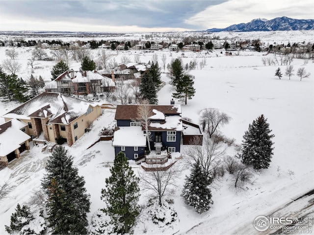 snowy aerial view featuring a mountain view