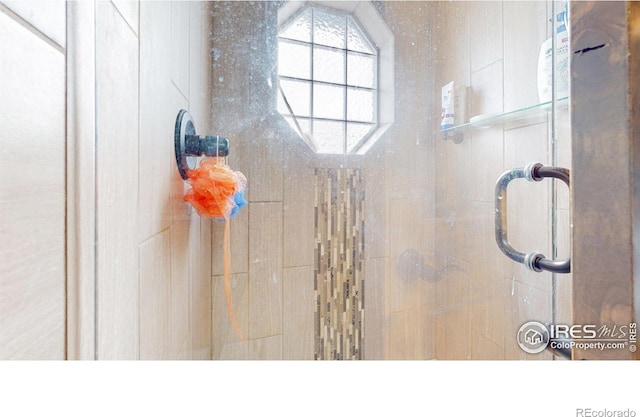 interior details featuring a shower with door