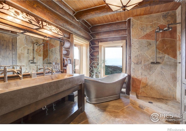 bathroom featuring wooden ceiling, independent shower and bath, beamed ceiling, and rustic walls