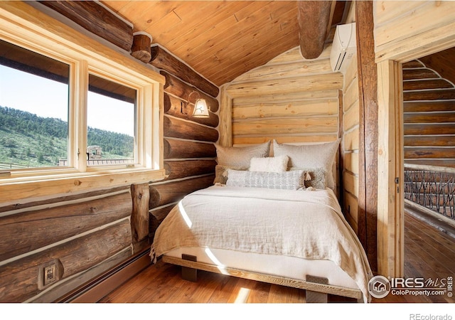 bedroom featuring log walls, wood-type flooring, vaulted ceiling, wooden ceiling, and a wall mounted air conditioner