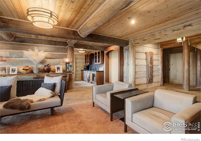 living room with beamed ceiling, rustic walls, and wood ceiling