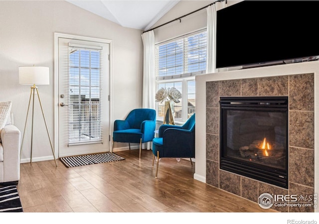 interior space featuring a fireplace, vaulted ceiling, and hardwood / wood-style floors