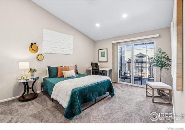 bedroom with vaulted ceiling, carpet floors, and access to outside