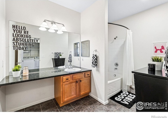 bathroom featuring vanity, tile patterned flooring, washer and clothes dryer, and shower / bath combination with curtain