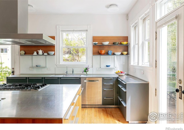 kitchen with stainless steel counters, sink, island exhaust hood, and stainless steel appliances