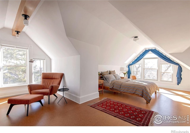 bedroom with lofted ceiling