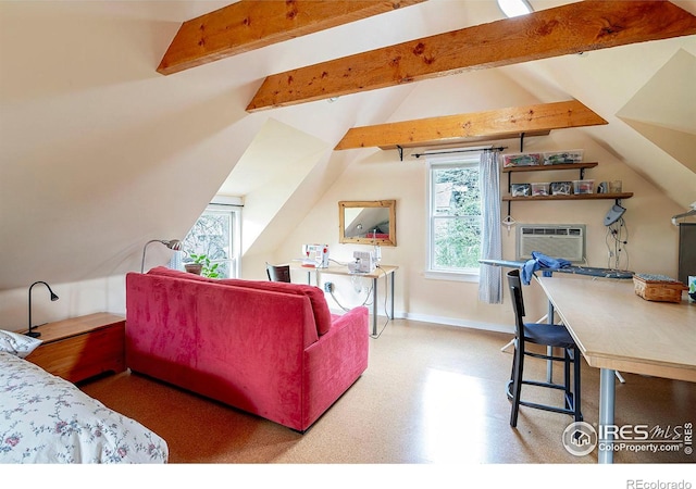 interior space with a wall mounted air conditioner and vaulted ceiling with beams