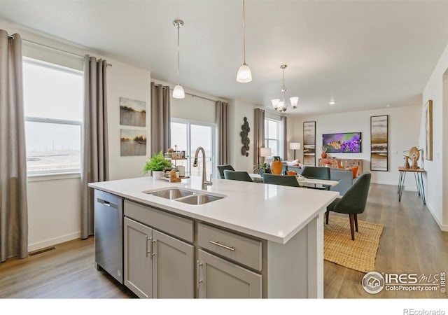 kitchen with decorative light fixtures, sink, gray cabinets, a kitchen island with sink, and stainless steel dishwasher