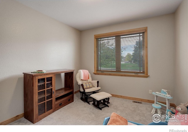 sitting room featuring light carpet