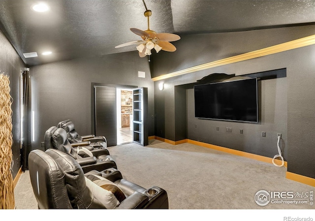 living room featuring ceiling fan, light carpet, and lofted ceiling