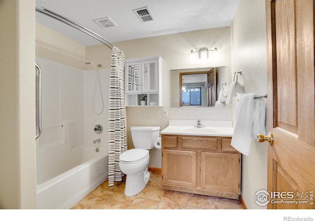 full bathroom with vanity, toilet, shower / tub combo, and tile patterned floors