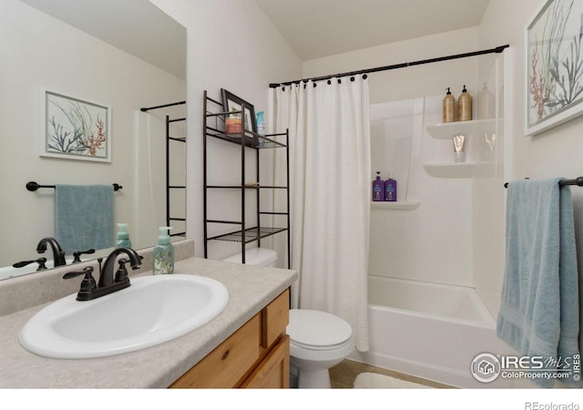 bathroom with toilet, shower / bathtub combination with curtain, and vanity