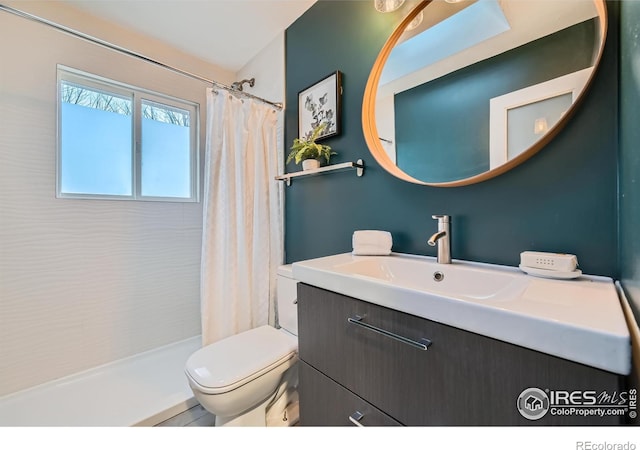 bathroom featuring toilet, vanity, and a shower with shower curtain