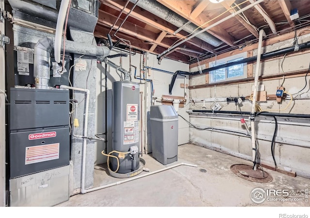 utility room featuring gas water heater and heating unit