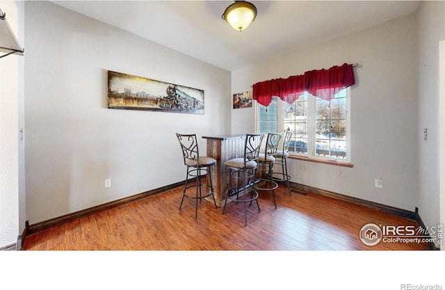 dining space featuring hardwood / wood-style flooring and bar area