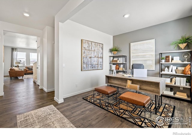 office space with dark hardwood / wood-style flooring