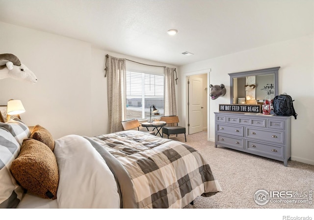 bedroom with light carpet