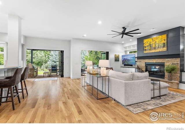 living room featuring a fireplace, a healthy amount of sunlight, and light wood-type flooring