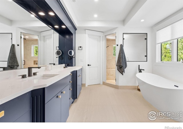 bathroom with plus walk in shower and vanity