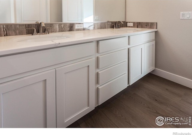 bathroom with vanity and wood-type flooring
