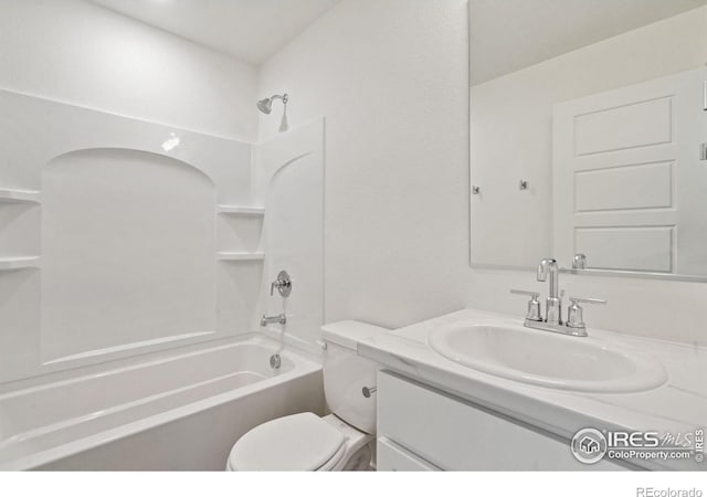 full bathroom featuring toilet, bathtub / shower combination, and vanity