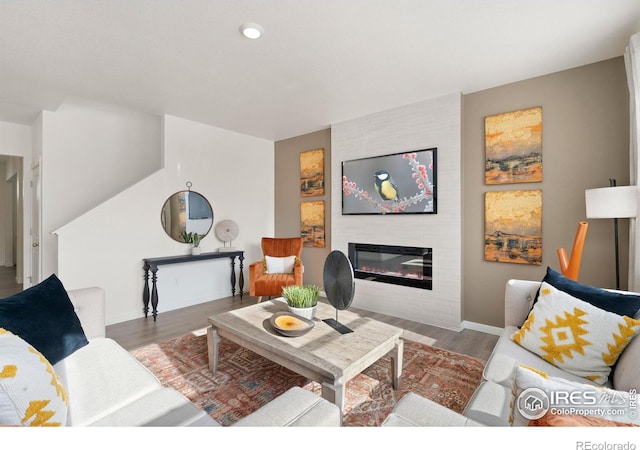 living room featuring a large fireplace and wood-type flooring