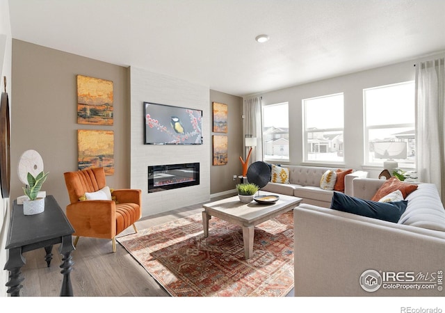 living room with hardwood / wood-style floors and a fireplace