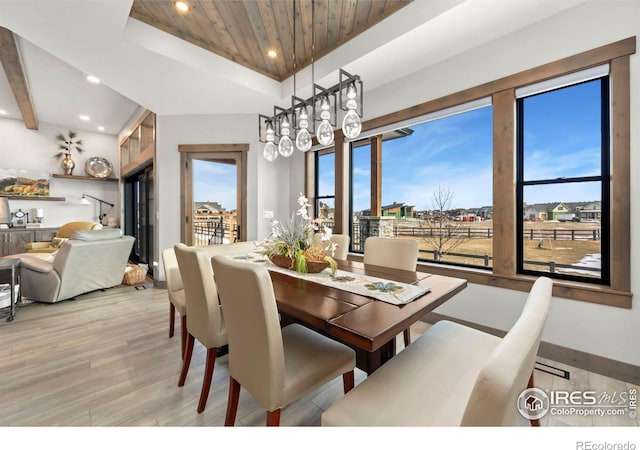 dining area with wood ceiling, light wood-type flooring, and plenty of natural light