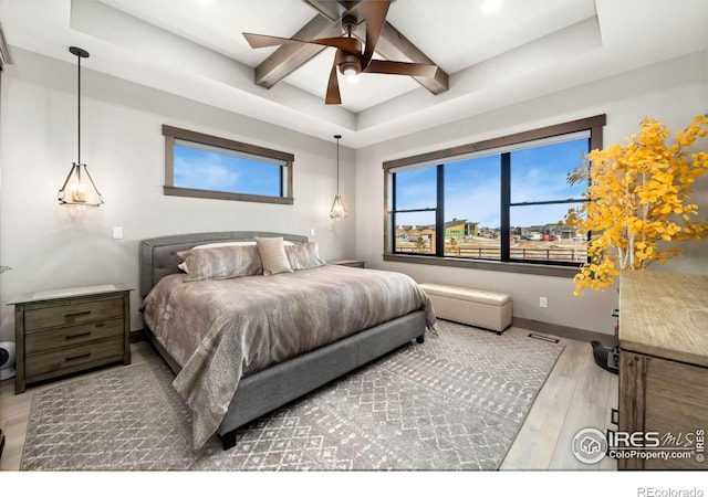 bedroom featuring wood-type flooring, a tray ceiling, and ceiling fan