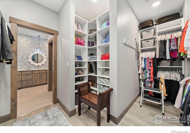 walk in closet with light hardwood / wood-style floors