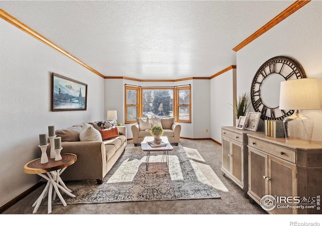 living room with light carpet and a textured ceiling