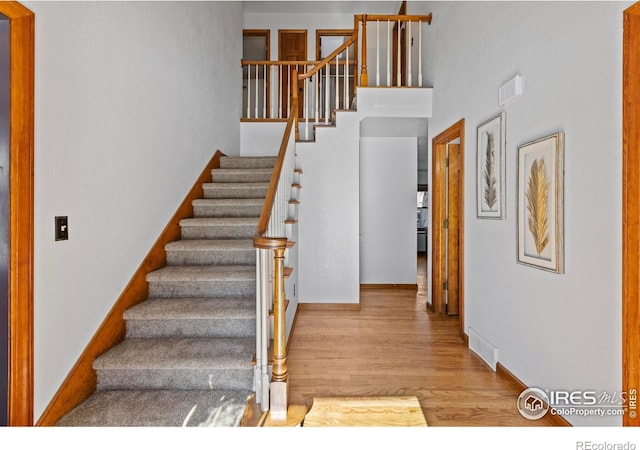 stairway with hardwood / wood-style floors