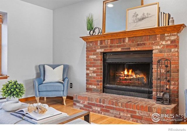 living area featuring wood-type flooring and a fireplace