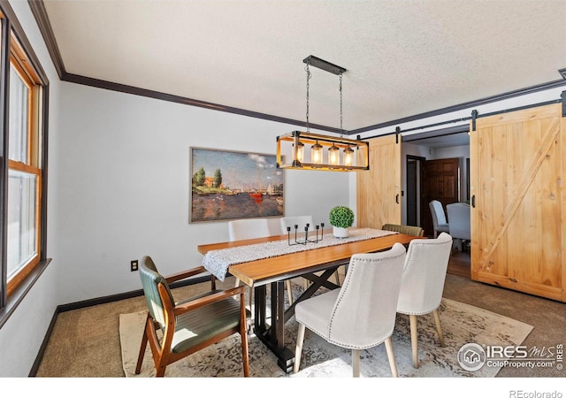 carpeted dining space featuring ornamental molding, a barn door, and a textured ceiling