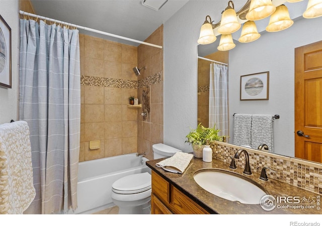 full bathroom featuring vanity, decorative backsplash, shower / bath combination with curtain, and toilet